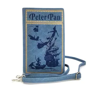 Pan Book Cover Crossbody Bag - Blue Leatherette with Silhouette Design and Adjustable Strap