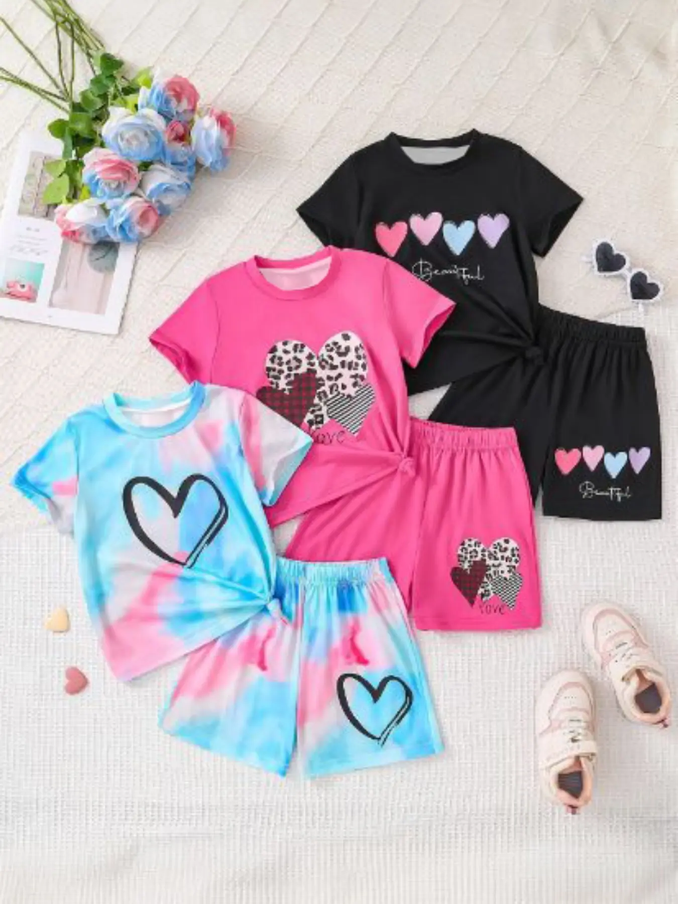 Girls' Summer Fashion Set, Heart Print Round Neck Short Sleeve Top + Elastic Waist Shorts, Casual Comfortable Street Style, Summer Outfits Set, Summer Clothing Set, Cute Sets