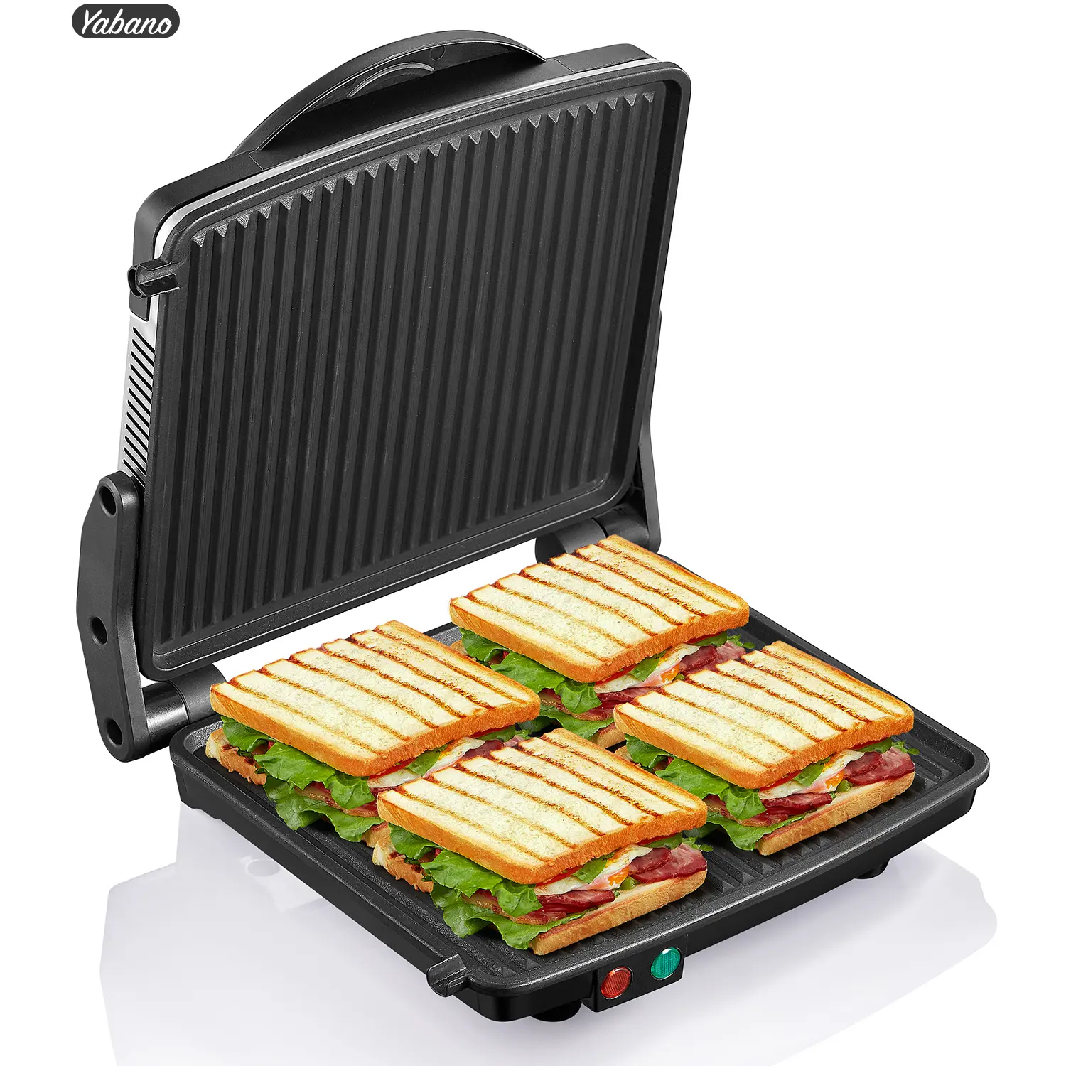 Panini Press Grill, Yabano Gourmet Sandwich Maker Non-Stick Coated Plates 11" x 9.8", Opens 180 Degrees to Fit Any Type or Size of Food, Stainless Steel Surface and Removable Drip Tray, 4 Slice shaq branded panini press