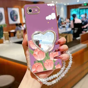 SE 2020 Elegant Plating Crystal Bracelet Love Mirror Strap Lanyard Phone Holder Protective Case Accessories For Compatible With iPhone SE 2020 Luxury oil Painting Tulip Stand Cover