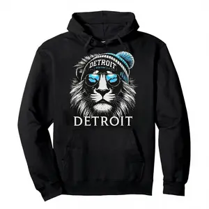 Detroit Lion Graphic Hoodie Unisex Pullover Sweatshirt with Beanie & Sunglasses City Pride Fashion Hoodie for Men Women Made in the USA 100% Cotton Ultra-Comfortable Regular Fit Long Sleeve Crew Neck