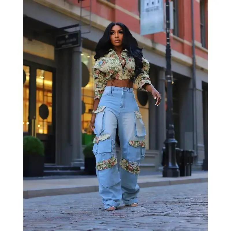 Machine Washable Denim Women's Set Long Sleeve Floral Jacket and Pocket Cargo Jeans Set 2025 Street Style Two-Piece Outfit
