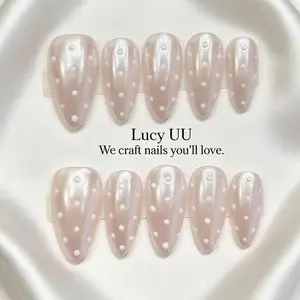 【Lucy UU】Gorgeous Aurora Pearl White Press On Nails With 3D Dots Medium Almond Shape Handmade Reusable Luxury Fake Nails For Women Daily Sweet Wear