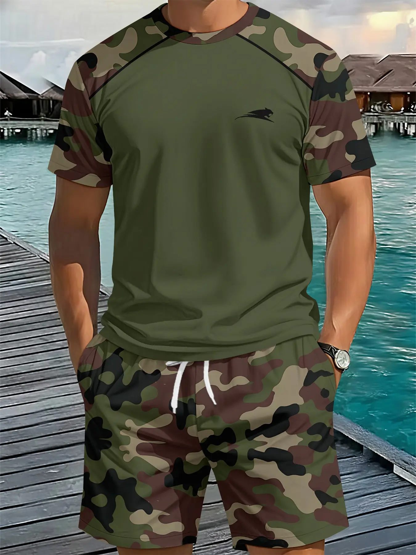 Men's Jungle Camo Spliced Suit 3D Digital Printed Two-piece Set, 2Pcs, Trendy Fashion Outfit, Retro Casual Two-piece Set, Resort-style Trendy Wear, Breathable Sports Casual Style, Perfect Festival Gift for Men