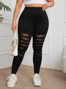 Plus Size Lace Patchwork Sheer Leggings, Casual High Waist Skinny Pants for Daily Wear, Women's Bottoms for Fall Plus Size Lace Patchwork Sheer Leggings, Casual High Waist Skinny Pants for Daily Wear, Women's Bottoms for Fall