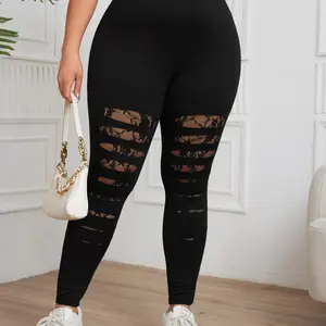 Plus Size Lace Patchwork Sheer Leggings, Casual High Waist?Skinny Pants for Daily Wear, Women's Bottoms for Fall