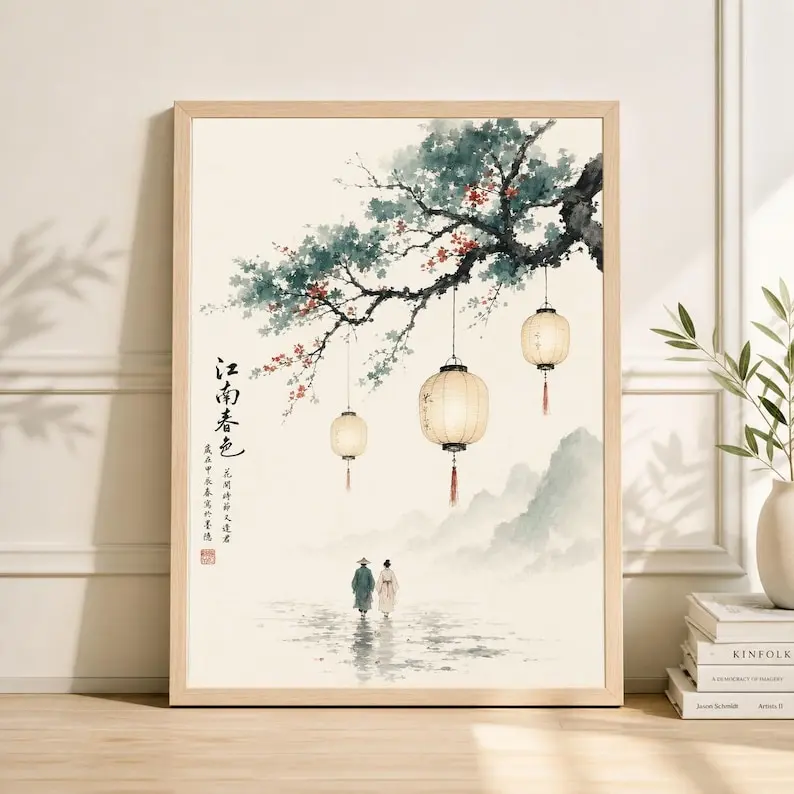 Chinese Landscape Wall Art Poster, Traditional Asian Ink Painting, Hanging Lantern Decor, Oriental Wall Art Print, Chinese Home Decor [UNFRAMED]