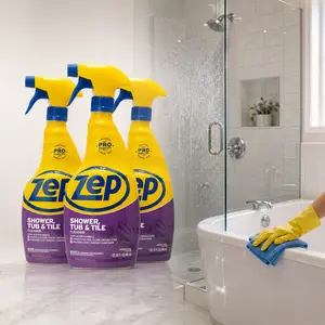 ZEP 32 oz Shower Tub and Tile Cleaner, pro bathroom descaler spray, removes soap scum, mineral deposits, hard water buildup, shower walls, tub surrounds, ceramic tile, glass doors, chrome fixtures, porcelain sinks, fiberglass tubs, no-scrub, fresh scent s