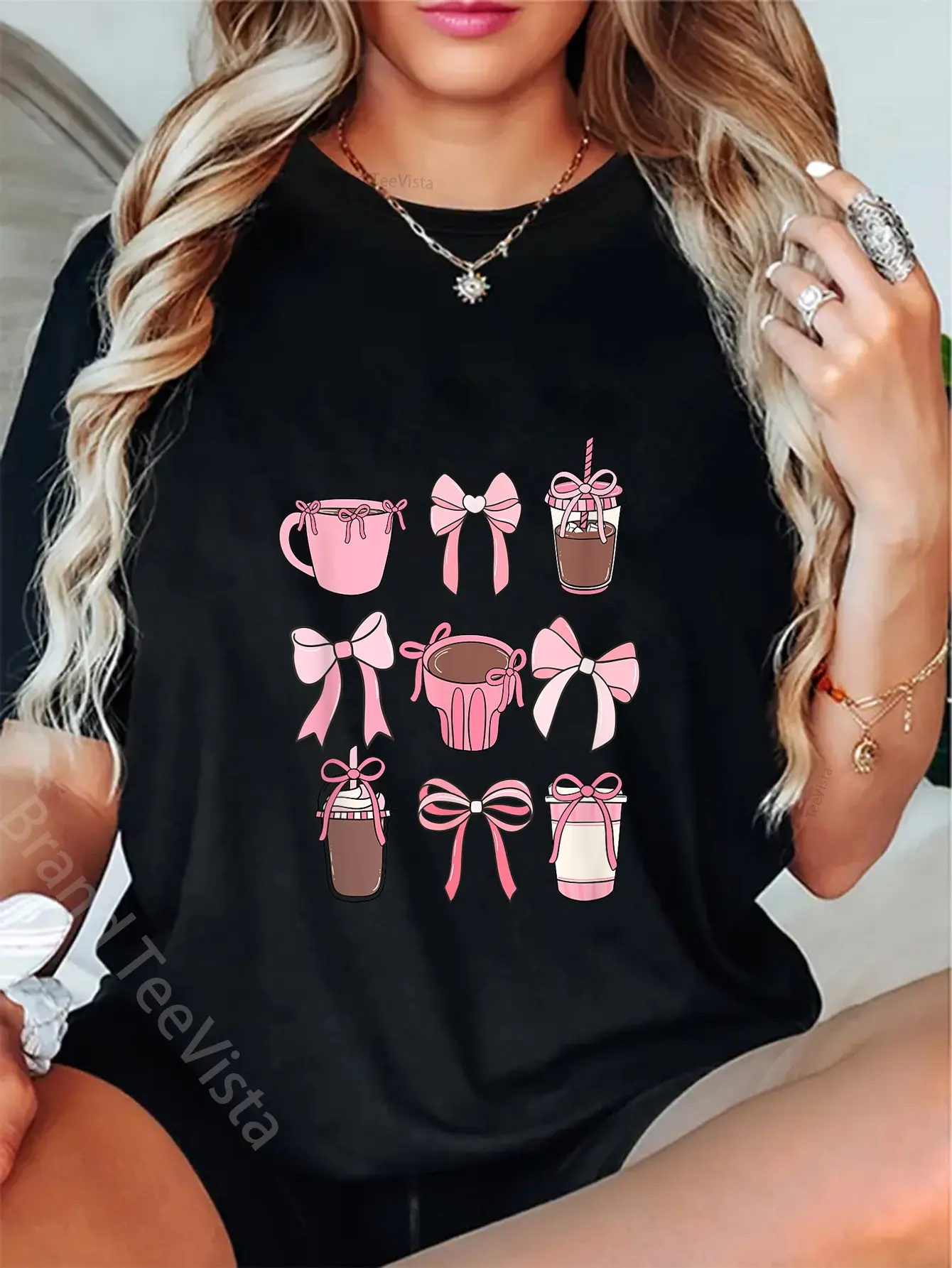Women's 'Iced Coffee & Bows' Graphic T-Shirt, 100% Cotton Short Sleeve Tee with a Whimsical, Vintage Distressed Look for Casual Streetwear, Tshirt, Everyday, Round Neck, Shortsleeve, Iced Coffee Bow, Distressed Effect, Whimsical Bow, Top, Crew Neck, Cute