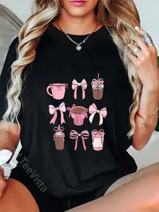 100% Cotton Unisex Cute Hot Iced Coffee and PInk Bows Girly Aesthetic T-Shirt Graphic Casual Round Neck Tee