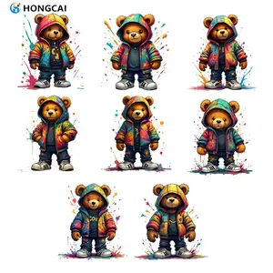 8 Piece Set Cool Colorful Graffiti Bear Art Heat Transfer Vinyl, DIY Kit Hoodies T-Shirts Bags Decorations, Diy Craft Decor, Easy to Use, Long-Lasting Colors