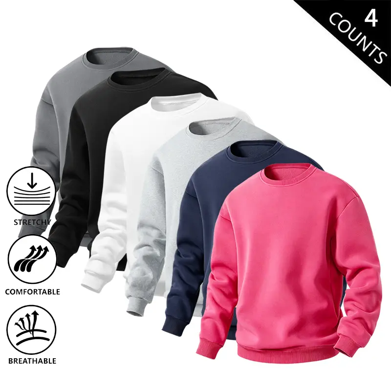 4-Pack Men’s Crew Neck Sweatshirts, Soft Fleece Long Sleeve Pullover Shirts, Loose Casual Athletic Sweat Tops for Running, Basketball, Cycling, and Daily Workouts