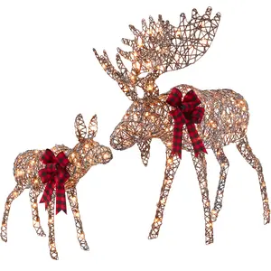 Best Choice Products 2-Piece Lighted Moose Family Christmas Yard Décor Set – 170 & 370 LED Lights, Rattan-Inspired, Gold, White, Silver, Iridescent