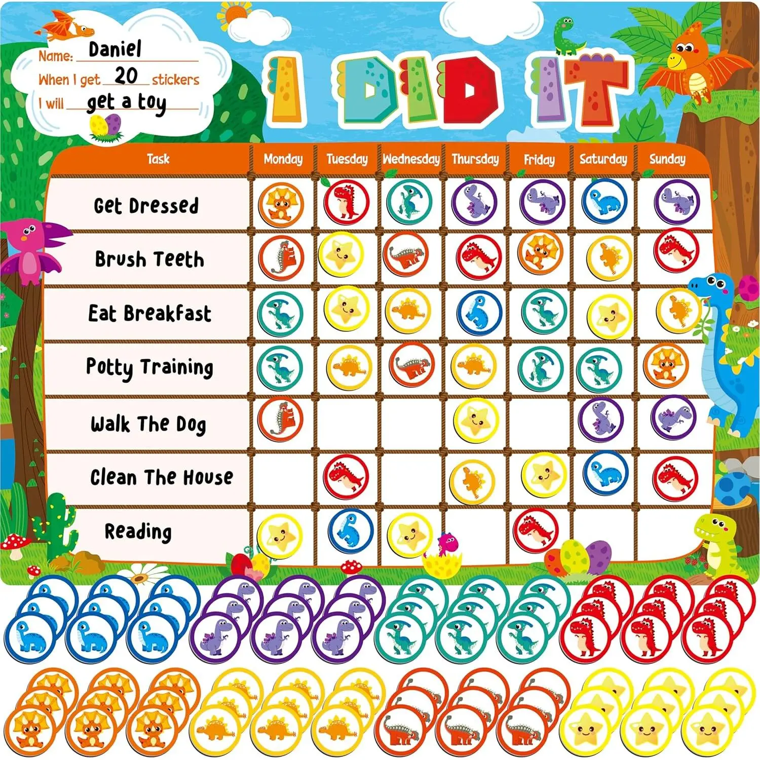 Reward Chart, Dry Erase Task Board-One Chart & 72  Reward , Dinosaur Theme Behavior  for Daily Routine, Potty