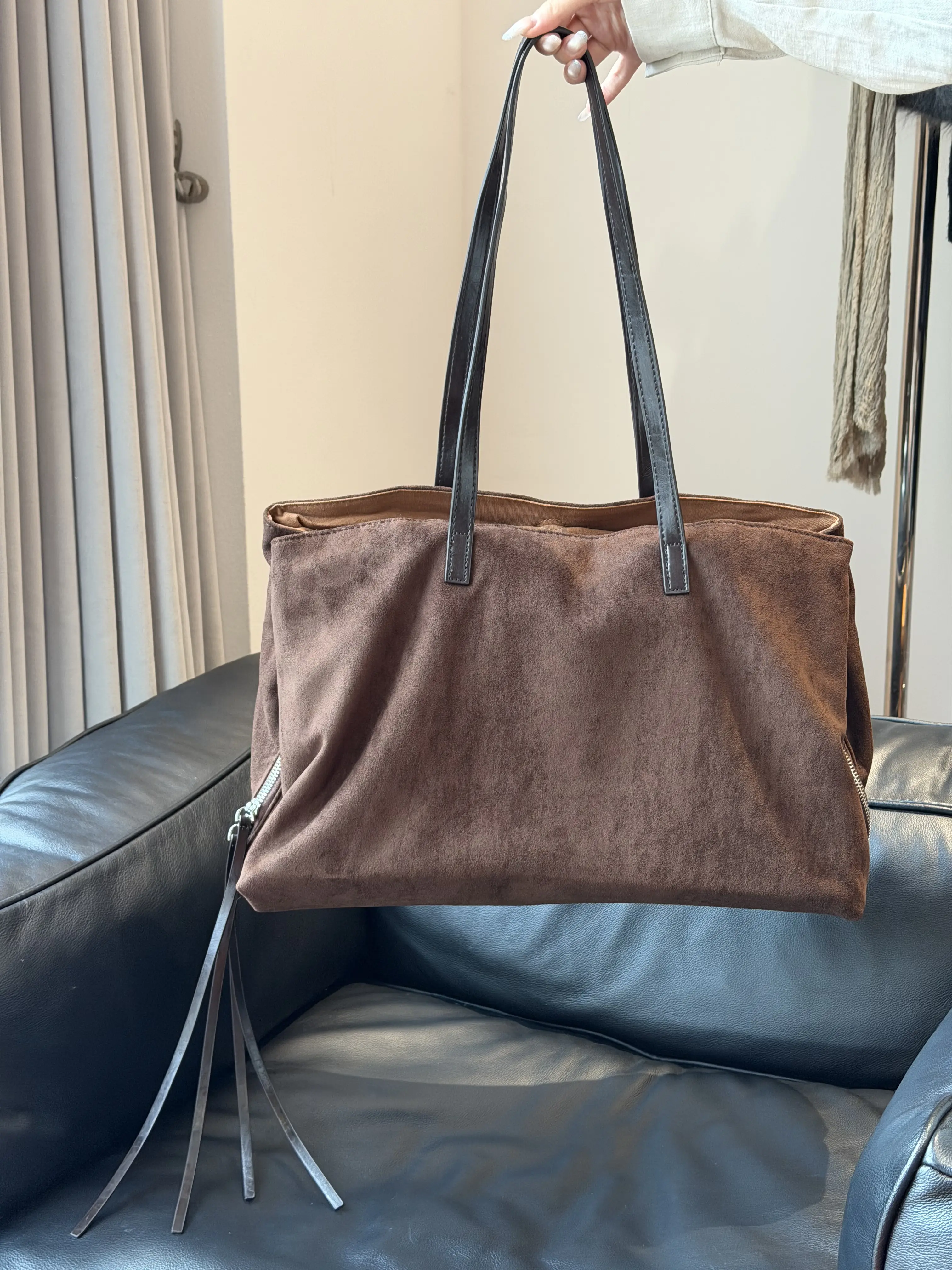 New Fall & Winter Women’s Large Capacity Tote Bag, Faux Suede or Linen Multi-Compartment Zippered Shoulder Handbag for Work, Commute & Travel