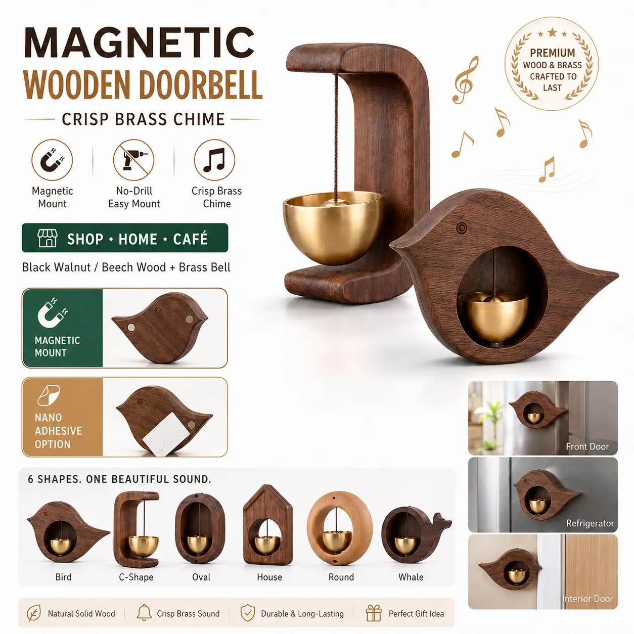 Magnetic Wooden Wind Chime Doorbell, Cute Dopamine Shopkeeper Entry Bell with Brass Chime, Walnut/Beech Wood Door Opening Reminder, No-Drill Magnetic Decorative Decor for Home, Refrigerator, Garden, Cafe, Restaurant, Housewarming Gift