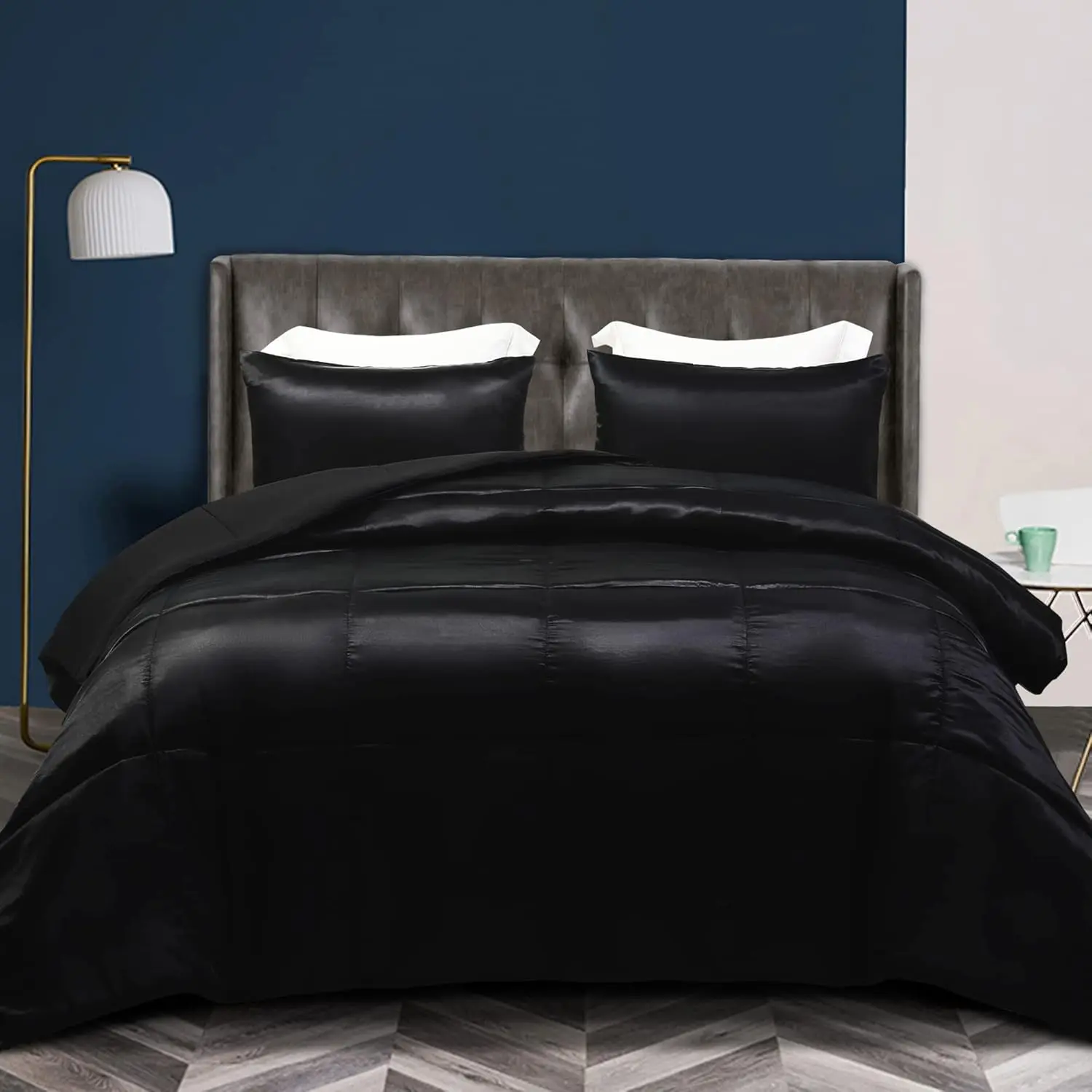 3- Reversible  Size Silky Comforter Set/Bedding Set, Luxury Soft Satin Comforter with 2 Satin Pillowcases, Lightweight Duvet Set for All Seasons, Black