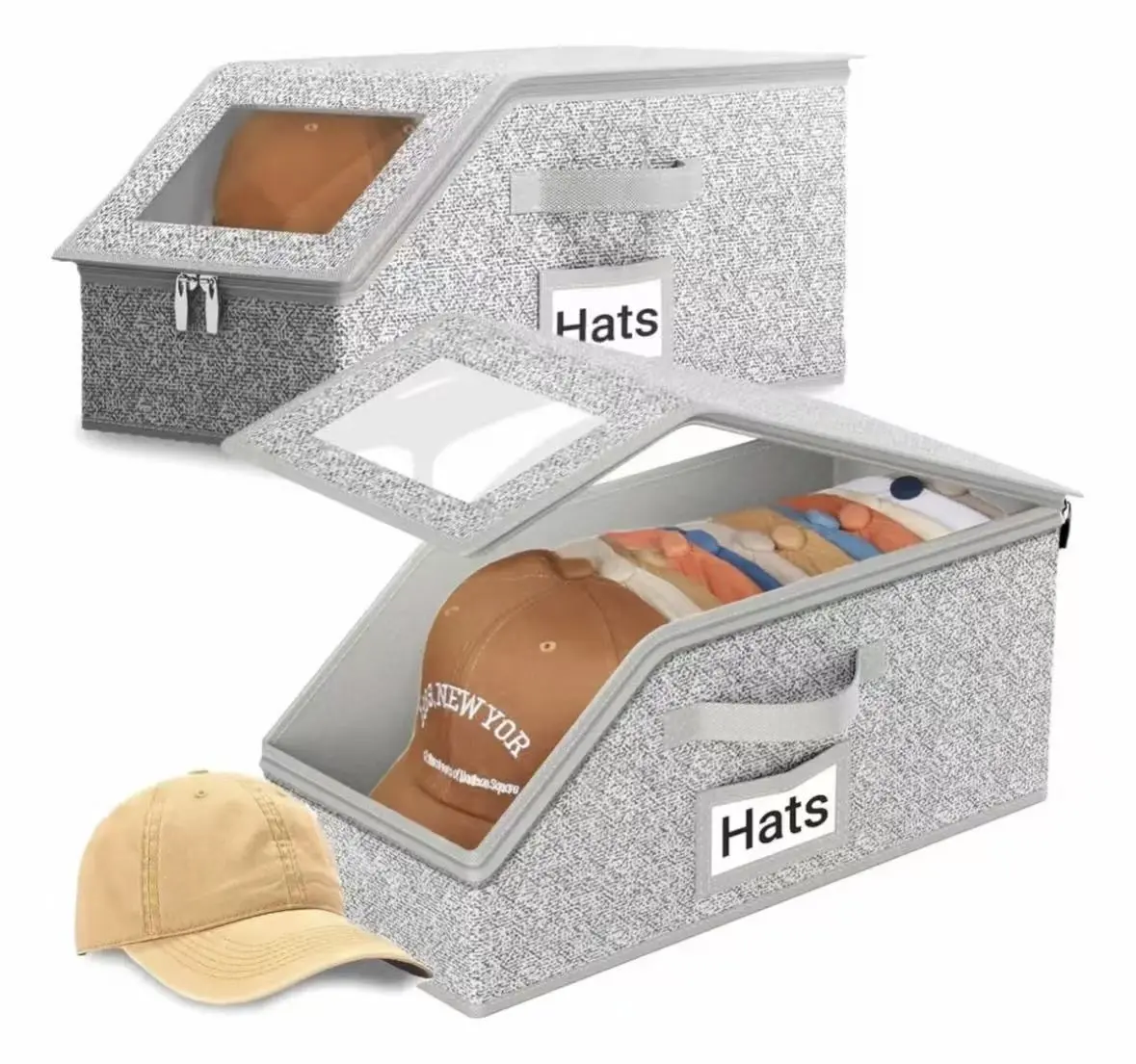 2 PCS Stackable Grey Hat Storage Boxes with Clear Window - Sturdy Baseball Cap Organizer Holds Up to 24 Caps for Closet, Suitable for Men & Women