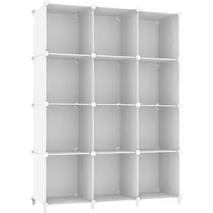 Cube Storage Organizer Modular Storage 12 Cube Bookshelf DIY Plastic Closet Clothes Storage Shelves with Wooden Mallet, Stackable Storage Solution for Home, Office, Bedroom