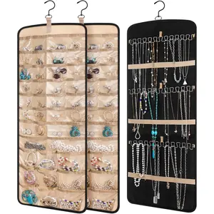 2 Pack Hanging Jewelry Organizer Storage with 39 Pockets, 30 Necklace Hooks Double Sided Wall Mount Earring Holder Bracelet Necklace Display Hanger for Closet Door Black