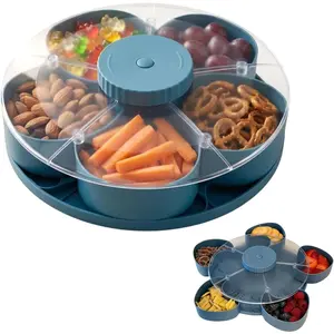 Divided Spin & Snack Serving Tray, Upgrade 5-Compartment Rotating Party Platter, Rotating Snack Box Container with Lid for Snacks, Dips & Party Appetizers, for Picnic,Travel and Kitchen (Blue)