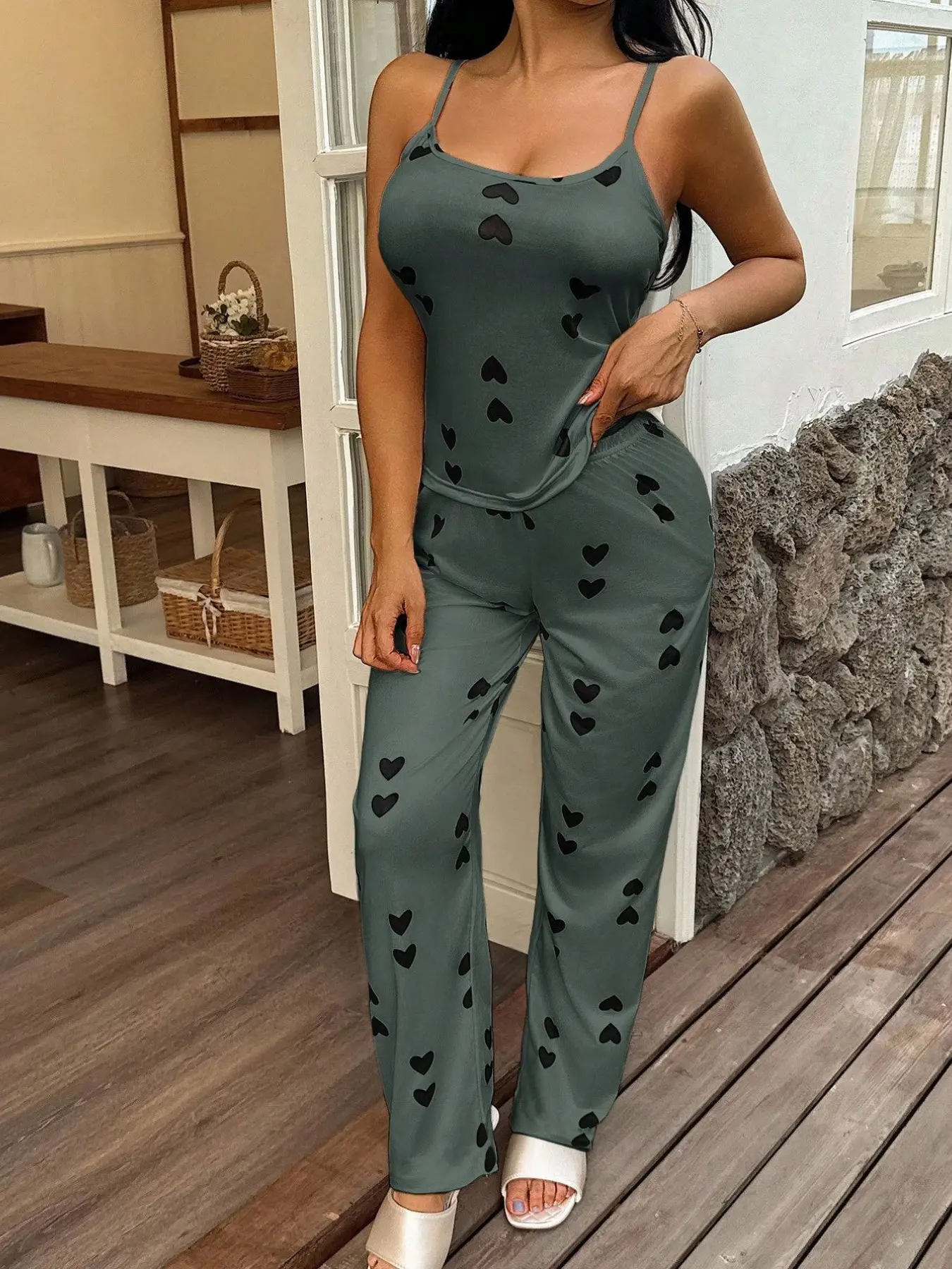 Women's Sexy Backless Sleeveless Heart Pattern Pajama Set, Slim-Fitting Sleepwear, Fashionable Casual Home, Comfortable Nightwear, Loungewear Pjs Pyjamas