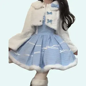 Women’s two-piece set featuring a girly bow and plush short jacket, paired with a fashionable dress for a small, fragrant, elegant aesthetic outfit.