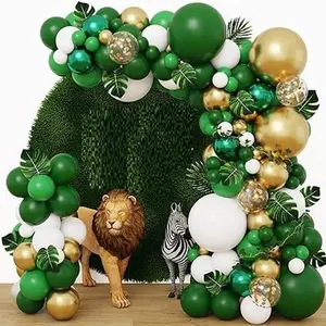 Green Gold Balloon Arch Kit, animal Party Decor with Artificial Palm Leaves for Animal Wild One Birthday Baby Shower Supplies. Garland Metallic
