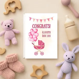 Minaret Collections Cute Islamic New Baby Girl Card, 5x7 Folded Muslim Baby Shower Congratulations “Allahumma Barik Lahu” Card with Quran Verse & Dua, Pink Balloon Design, Includes Envelope