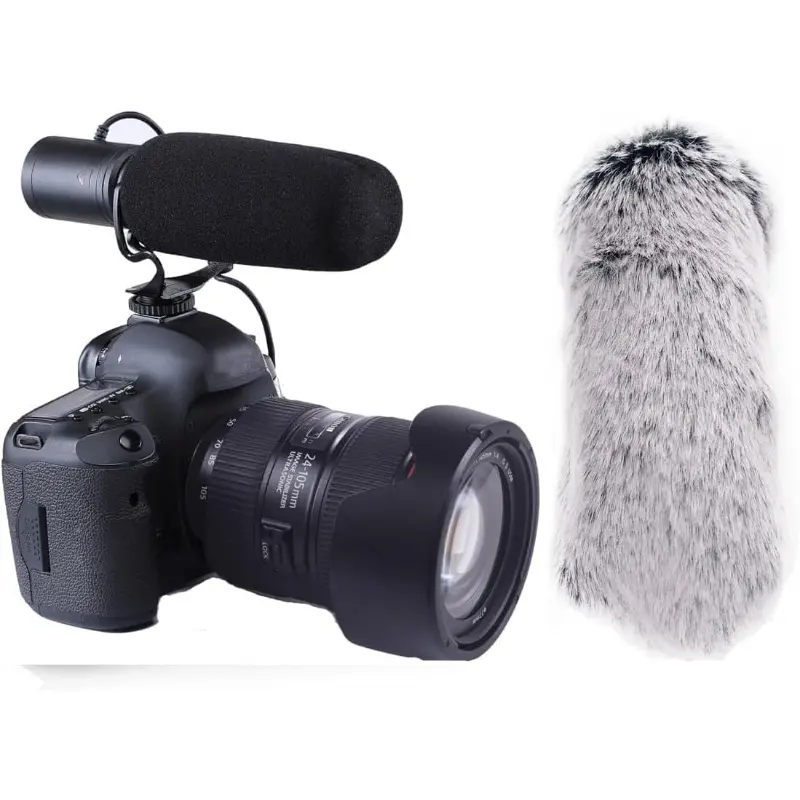 3.5mm Jack Wired Plastic Cardioid Condenser Interview Microphone with Windscreen Muff, Holder, 1-Touch Recording, 10dB Sensitivity Decrease, Universal Fit Audio Connector for DSLR (Nikon, Canon, Sony), Camcorder