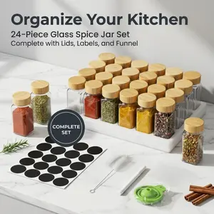6/24-piece glass spice jar set with bamboo lids, comes with labels, funnel and cleaning brush, airtight storage for spices and seasonings