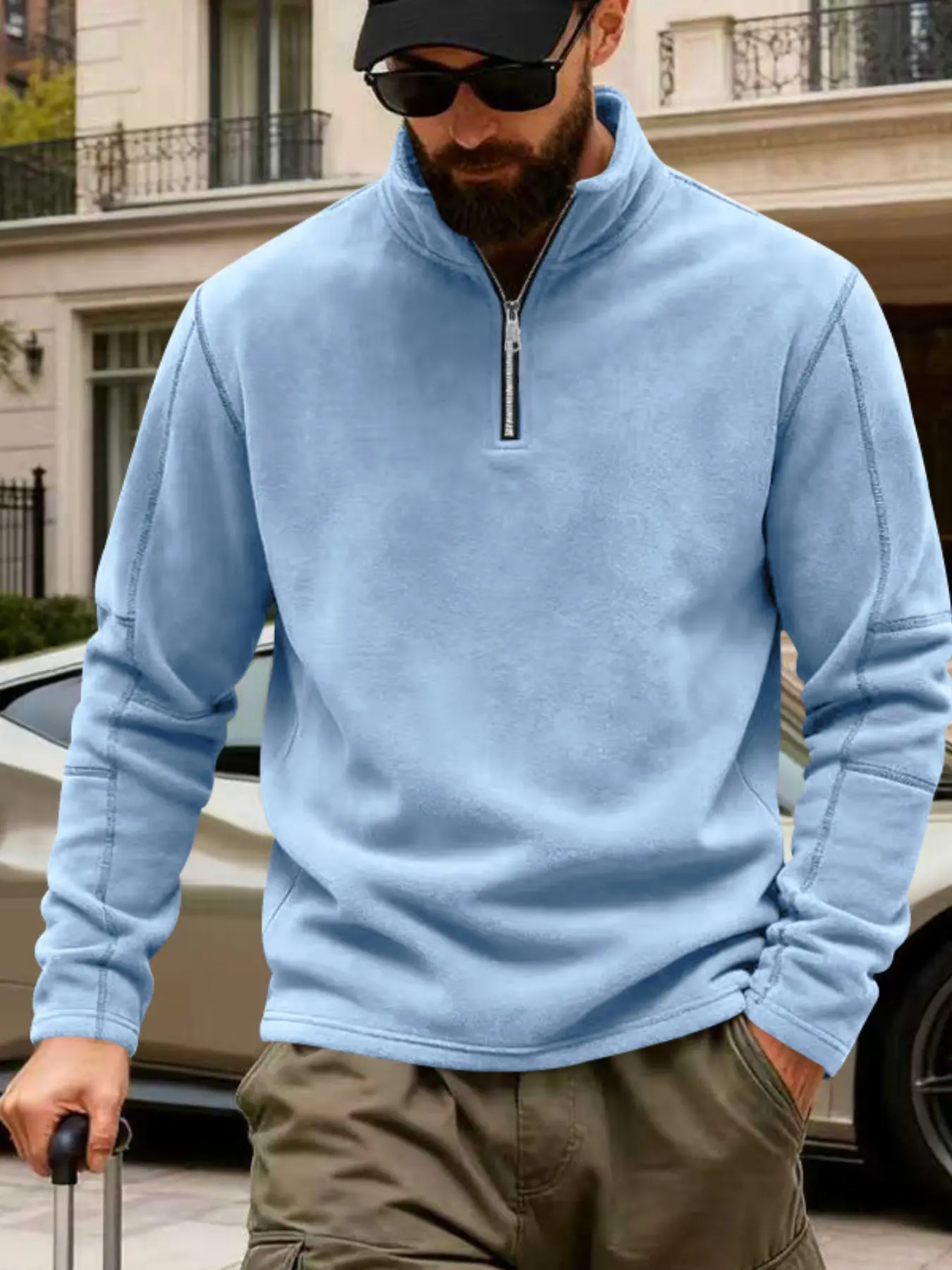 Men's Winter Fleece Loose Fit Outdoor Hoodie, Stand Collar Half Zip Sports Base Layer Sweatshirt, Comfortable and Warm Clothing, Athletic Workout Clothing, Casual Sports Tops, Casual Sportswear, Athleisure Street Fit