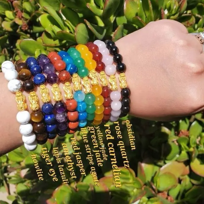 Real 18K Gold Pixiu Piyao Money Feng Shui Bracelet in Natural Stone for Wealth and Good Luck