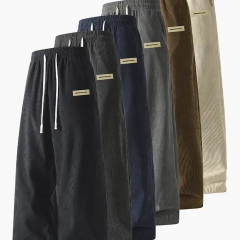 Men’s corduroy casual long pants for spring and autumn, elastic drawstring waist, loose straight fit, breathable and skin-friendly, comfortable everyday men’s trousers.