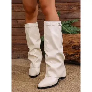 Women's Fashion High-Top Boots, Pointed Toe Thick Heel Metal Buckle Leather Knee-High Knight Boots, Soft Sole Comfortable Classic Street Style