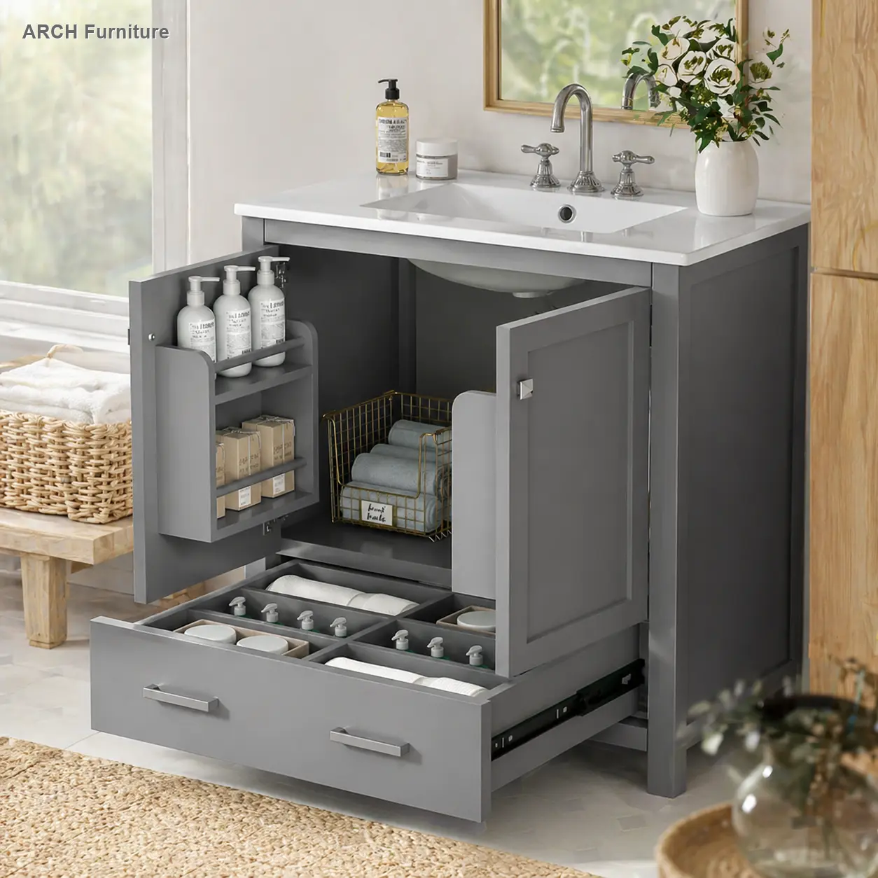 30" Gray Free-Standing Bathroom Vanity with Single Rectangular Undermount Sink, Combo Cabinet, 2 Doors, 1 Drawer, Soft-Closing Hinges, Built-In Shelf, Multifunctional Storage, Solid Wood Frame (Requires Assembly) WL RR, Sturdy