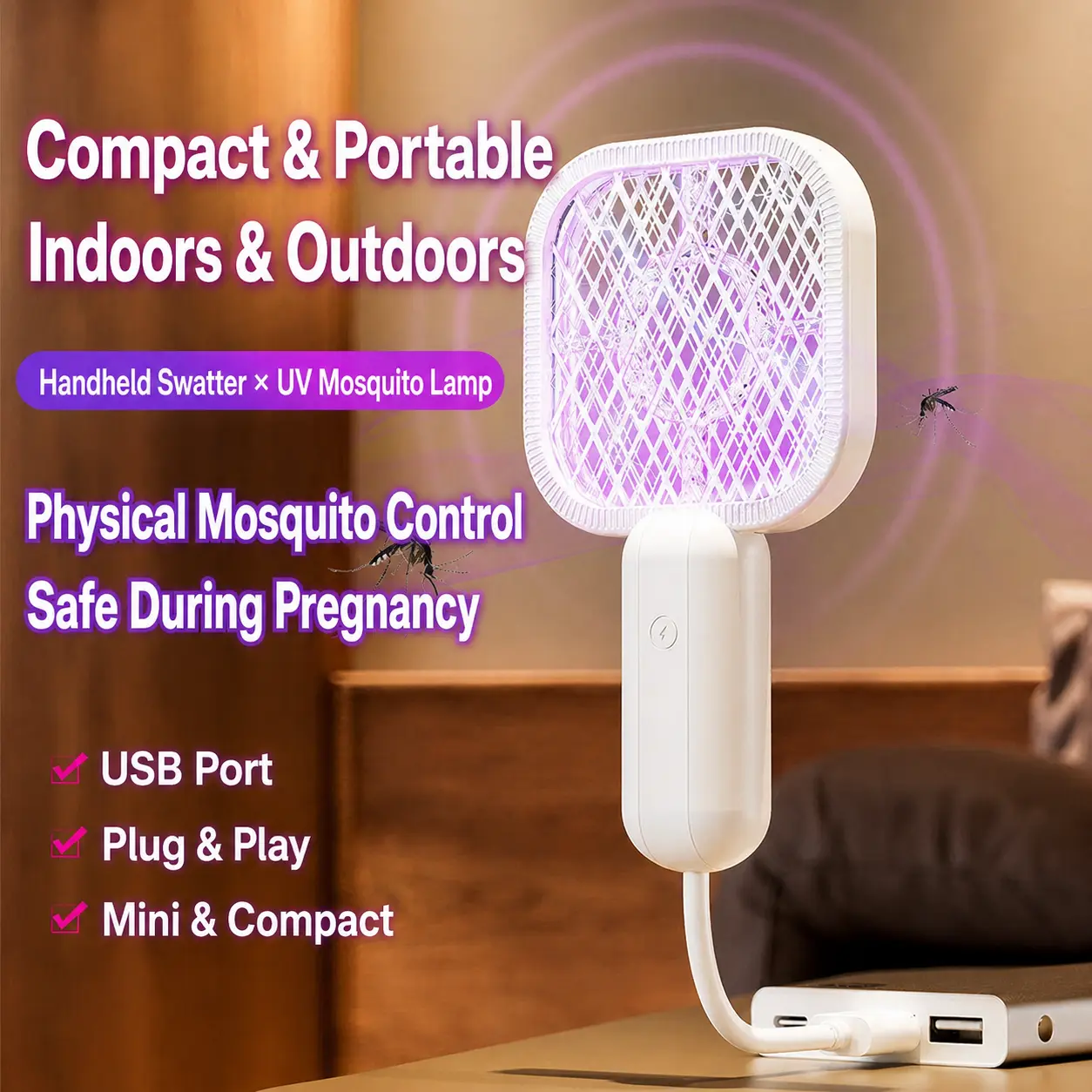 Mini Mosquito Swatter, 2 in 1 Electric Fly Swatter & Mosquito Bug Zapper, Portable UV Light Mosquito Killer Lamp, Plug-in Insect Trap for Indoor Outdoor Home Bedroom Camping