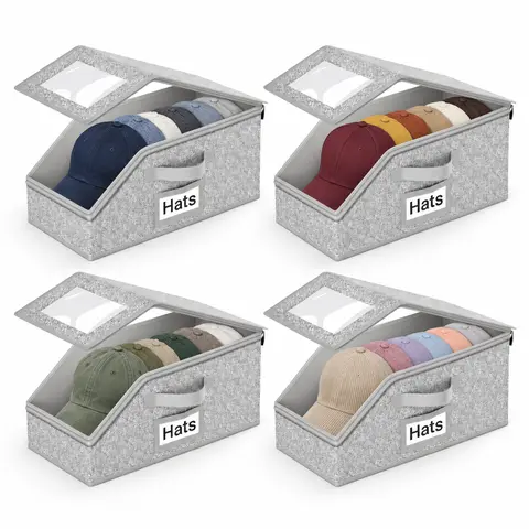 4 Pack Stackable Hat Storage Boxes for Baseball Caps and Snapbacks, Foldable Gray Cap Organizers with Clear Windows, Zippered Flip-Top Lids, Carry Handles and Label Pockets, Dustproof Space-Saving Storage for Closet, Wardrobe and Bedroom Shelves