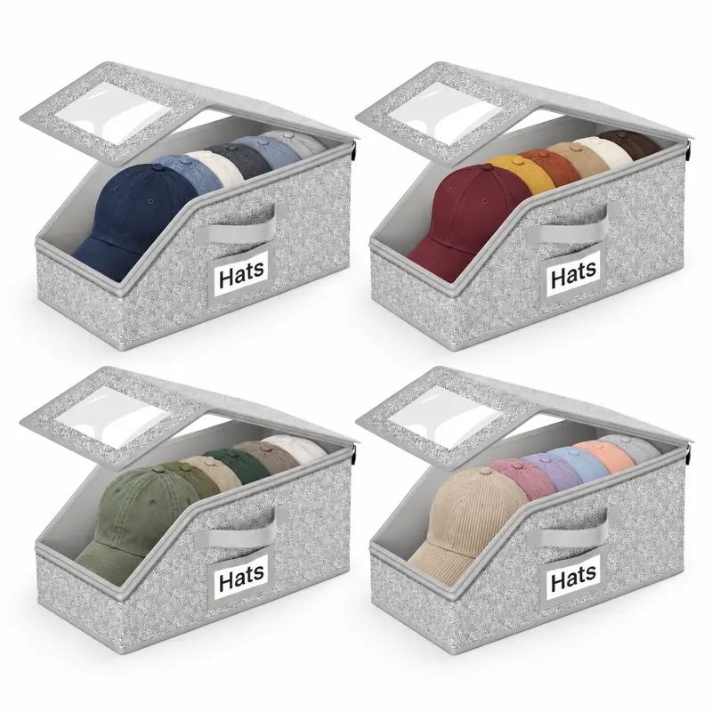 4 Pack Stackable Hat Storage Boxes for Baseball Caps and Snapbacks, Foldable Gray Cap Organizers with Clear Windows, Zippered Flip-Top Lids, Carry Handles and Label Pockets, Dustproof Space-Saving Storage for Closet, Wardrobe and Bedroom Shelves