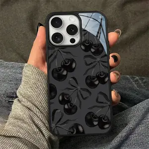 Cherry & Bow Pattern Phone Case, 2 in 1 Glass & Acrylic Hard Case, Anti-drop Total Protective Protective Case for iPhone 11 12 13 14 15 Pro Max