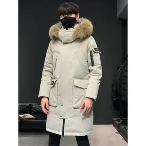 Men's Chic Long Style Down Jacket With Faux Fur Hood Versatile Zip Up Large Pockets Polyester Machine Washable Soft Warm Ideal For Casual Daily Wear Errands Outings