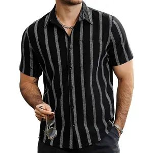 Men's Casual Short-Sleeve Striped Button-Down Shirt with Pocket - Retro Tropical Vibe Clothes, Classic Stylish Vintage Beach Wear