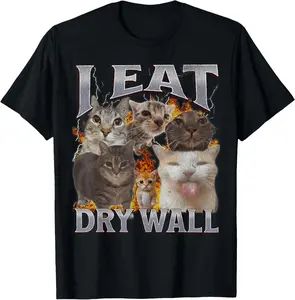 100% CottonI Eat Drywall Funny Cat Meme Bootleg Graphic Men Women T-Shirt