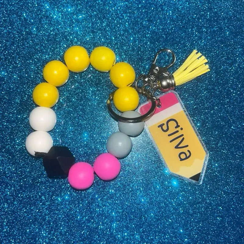 Personalized Teacher Appreciation Gift Colorful Beaded Bracelet with Custom Name Tag Keychain