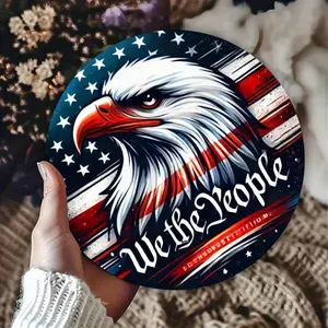 We The People Emblem & American Flag Design Round Wreath Sign, Handheld Aluminum Foil Engraved Metal Plaque for Home Decor