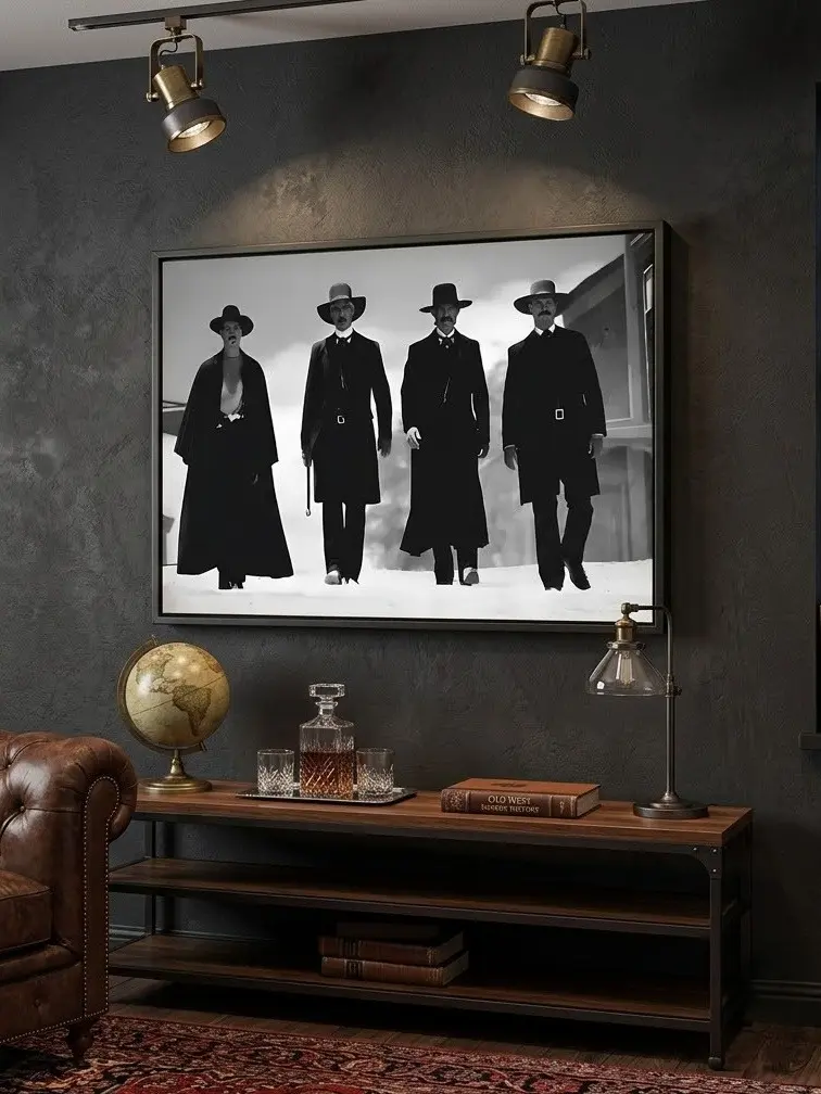 Western Canvas Wall Art, Tombstone & 4 Cowboys Themed Painting for Man Cave, Bar Home Wall Decor