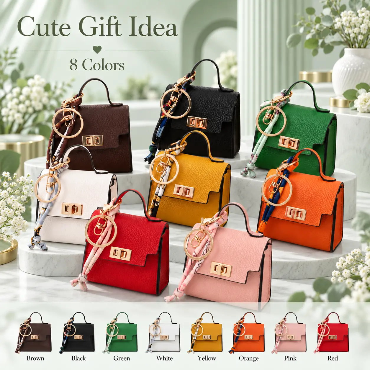 Handbag-Shape Mini Coin Purse - Cute Pebbled Texture PU Leather Charm with Colorful Scarf Strap, Small Size Pouch for Lipstick, Earbuds & Keys, Kids Party Favors, Party Favors Ideas, Secure Clip,home decor