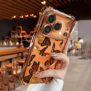 Creative monarch butterfly pattern, four-corner anti-drop and anti-slip TPU full-coverage electroplated phone case, suitable for iPhone 17, 16, 15, 14, 13, 12, 11, XS, X and other series models. Can be given as a gift to friends or family.