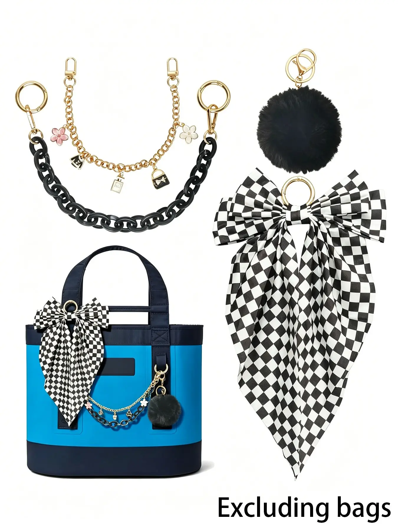 4-Piece Checkered Bag Charm Set, Metal Pendant Chain, Acrylic Chain, Pom-Pom, and Bow Scarf, Versatile Handbag Accessories, Trendy Bag Charms, Purse Charms For Handbags, Purse Accessories