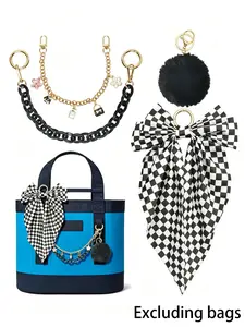 4-Piece Checkered Bag Charm Set, Metal Pendant Chain, Acrylic Chain, Pom-Pom, and Bow Scarf, Versatile Handbag Accessories, Trendy Bag Charms